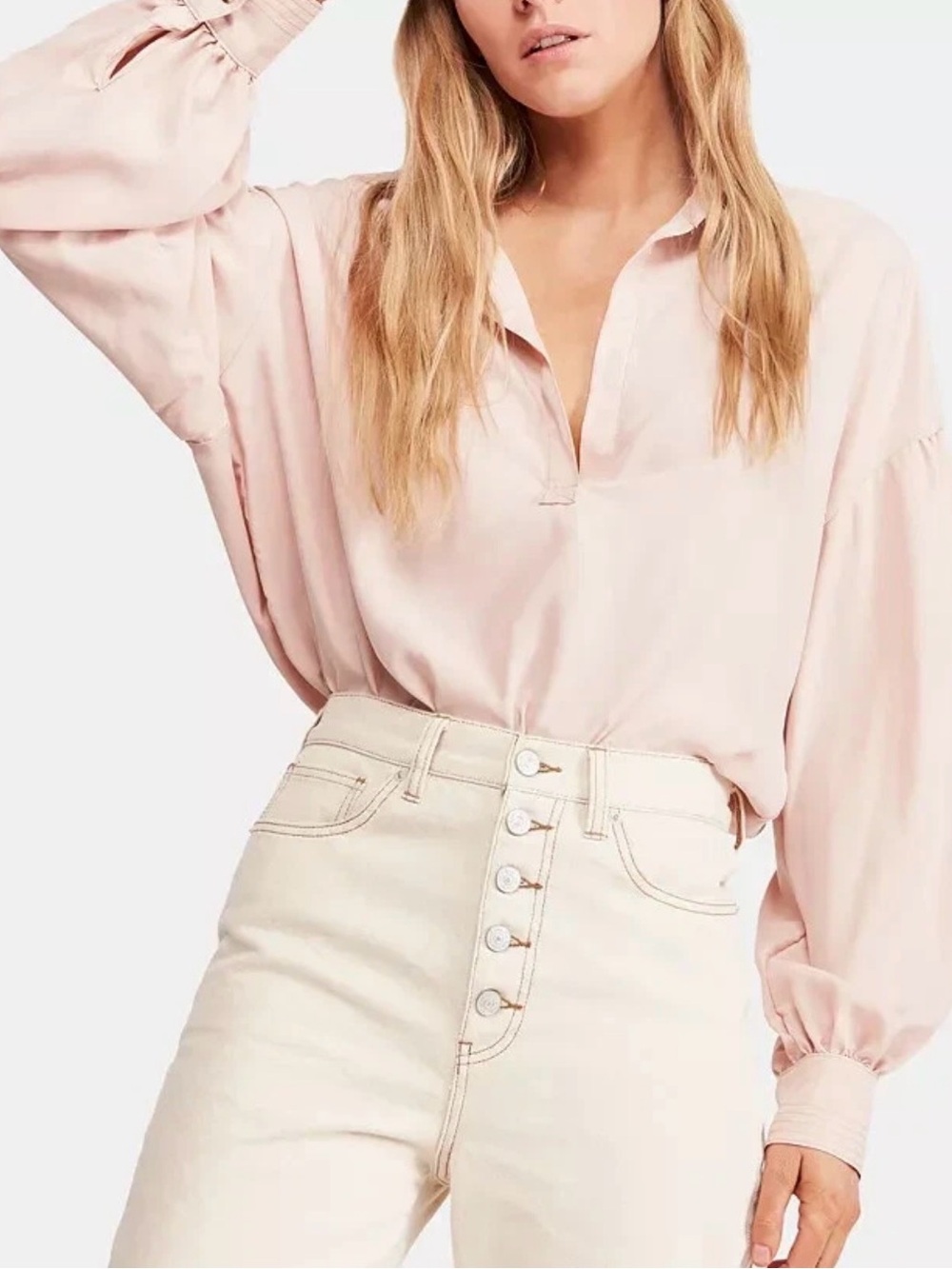 Free People We The Free Blush Pink Oversized V Neck Layered Hem Boho Blouse S